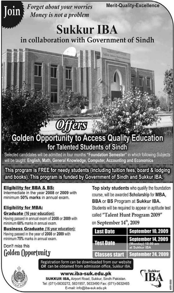 IBA Sukkur ofering Scholarships for new admissions