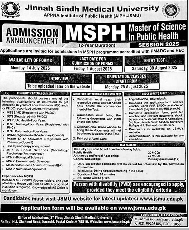 Admissions Open – Master of Science in Public Health (MSPH) at Jinnah Sindh Medical University jinnah-sindh-medical-uni